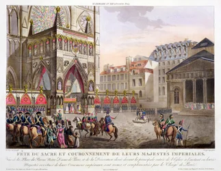 Fête sacrée et couronnement de Leurs Majestés Impériales, vue de la place du Parvis Notre-Dame, gravée par Dorgez (actif 1780-1814), publiée en 1806